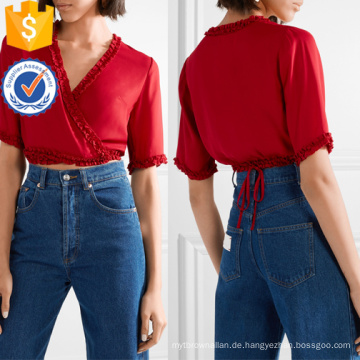 Cropped Rüschen Rot Kurzarm V-Ausschnitt Sommer Wrap Top Herstellung Großhandel Mode Frauen Bekleidung (TA0078T)